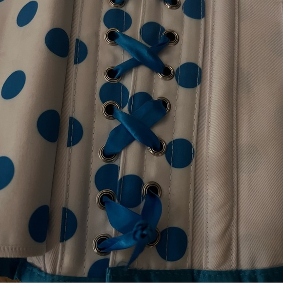 Corset Story | UNIQUE Steel-Boned Cyan Polkadot Halter Overbust Corset, US4, NWT - Picture 4 of 16